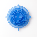 Set of 6 blue silicone stretch lids in various sizes for airtight food container covers, reusable and eco-friendly.