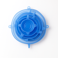 Set of 6 blue silicone stretch lids in various sizes for airtight food container covers, reusable and eco-friendly.