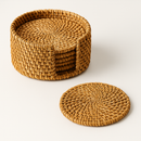 Set of six natural rattan coasters with matching holder, woven design, protecting surfaces with a rustic and elegant touch