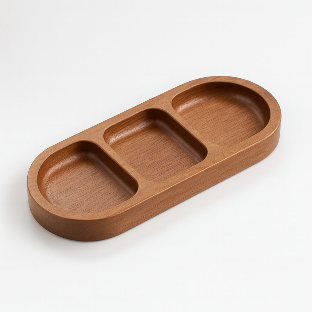Plateau rectangulaire en bois massif avec compartiments pour apéritifs et décoration élégante