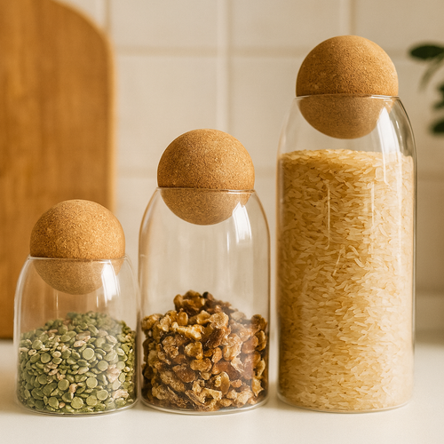 Bocaux en verre transparents avec bouchons en liège rond, contenant lentilles vertes, noix et riz, lot de 3 élégants pour rangement cuisine.