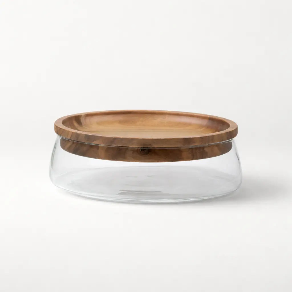 Récipient en verre avec couvercle en bois