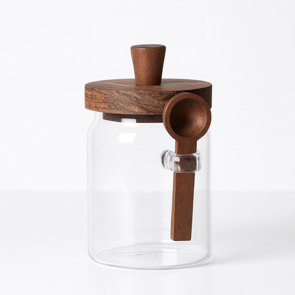 Pots en verre avec cuillères en bois