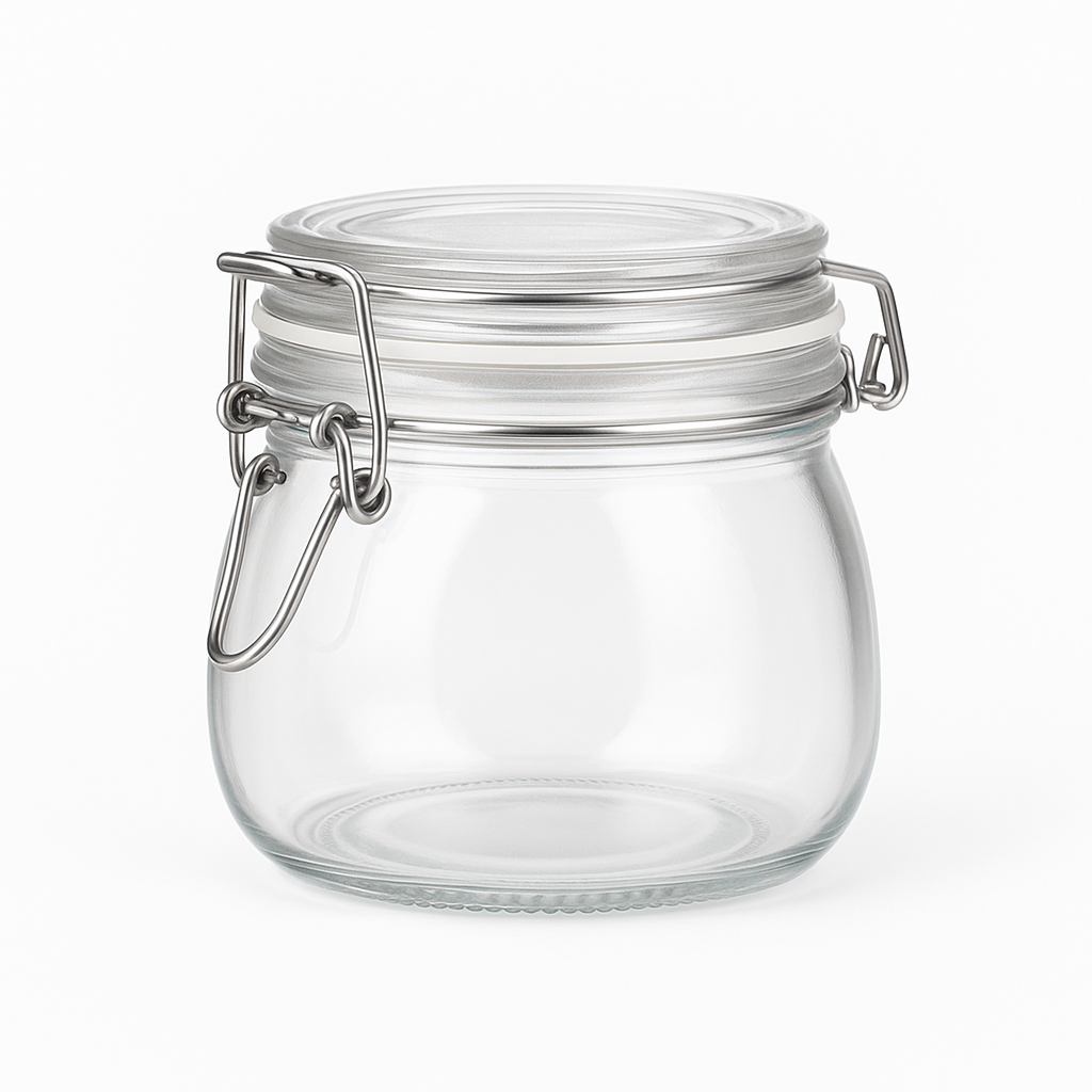 Bocal en verre avec couvercle articulé hermétique, idéal pour conserver aliments secs.