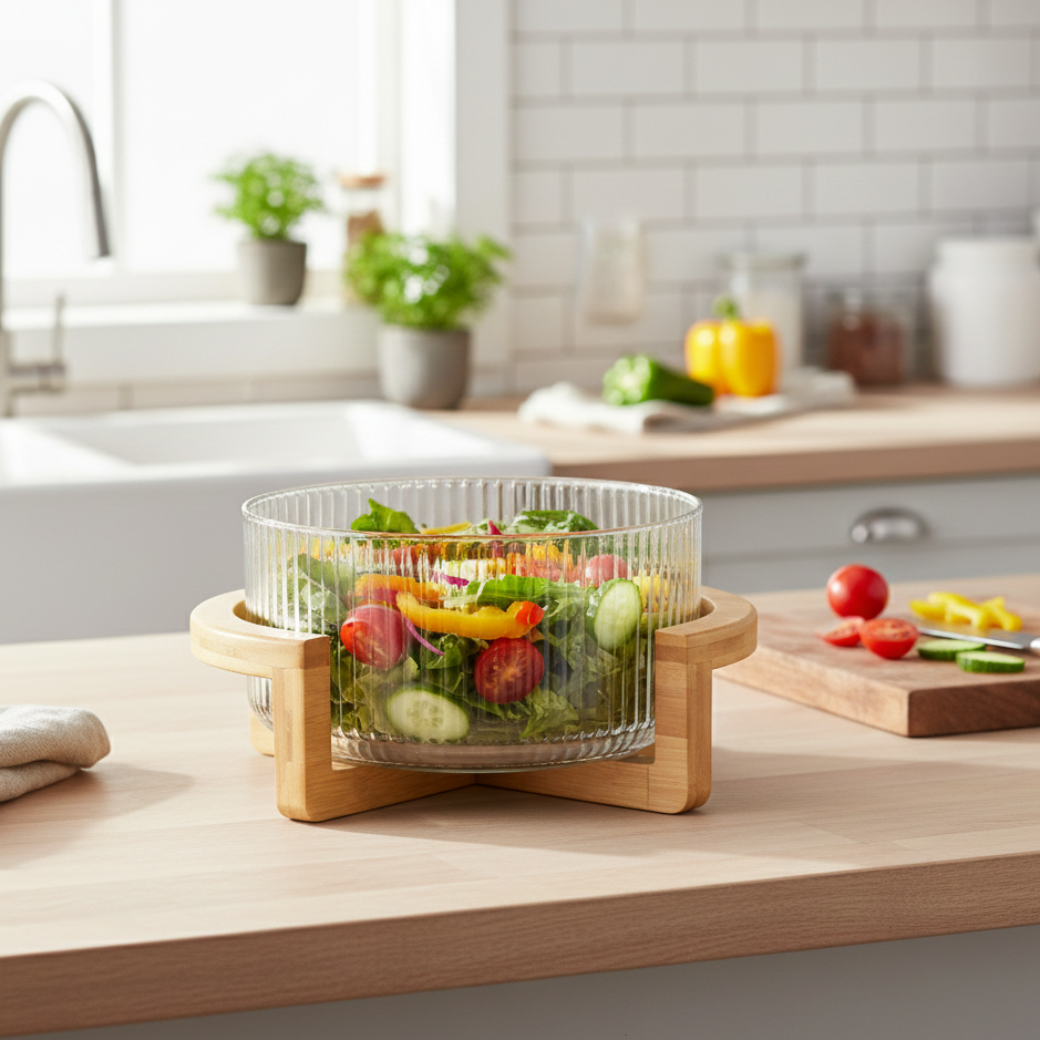 Bol en verre avec support en bois