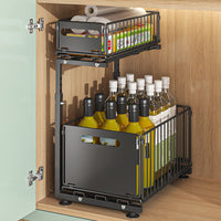 Organisateur de tiroir coulissant métallique noir pour rangement cuisine et salle de bain, design robuste et pratique.