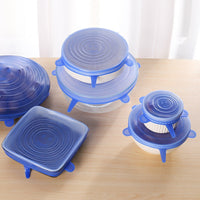 Couvercles silicone extensibles bleus s’adaptant à différentes formes de bols et plats pour conservation alimentaire écologique et hermétique