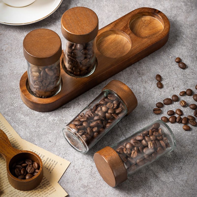 Pots en verre à épices - Lot de 4 pots avec base en bois