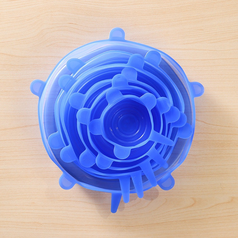 Jeu de 6 couvercles silicone extensibles bleus, hermétiques et réutilisables pour conservation alimentaire écologique