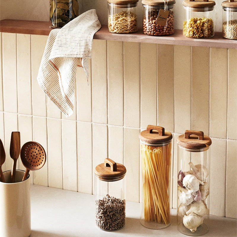 Bocal en verre : stockage pratique avec couvercle en bois et anse
