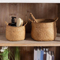 Panier de rangement tressé en jonc de mer style japonais avec anses, naturel et durable, pour décoration et organisation intérieure