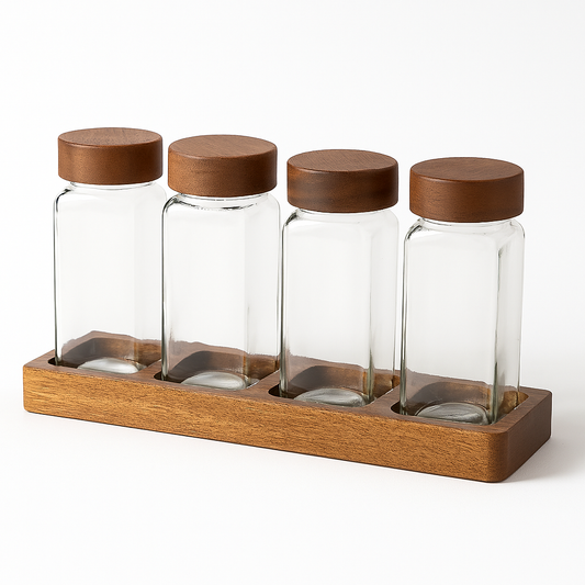 Pots en verre à épices - Lot de 4 pots avec base en bois