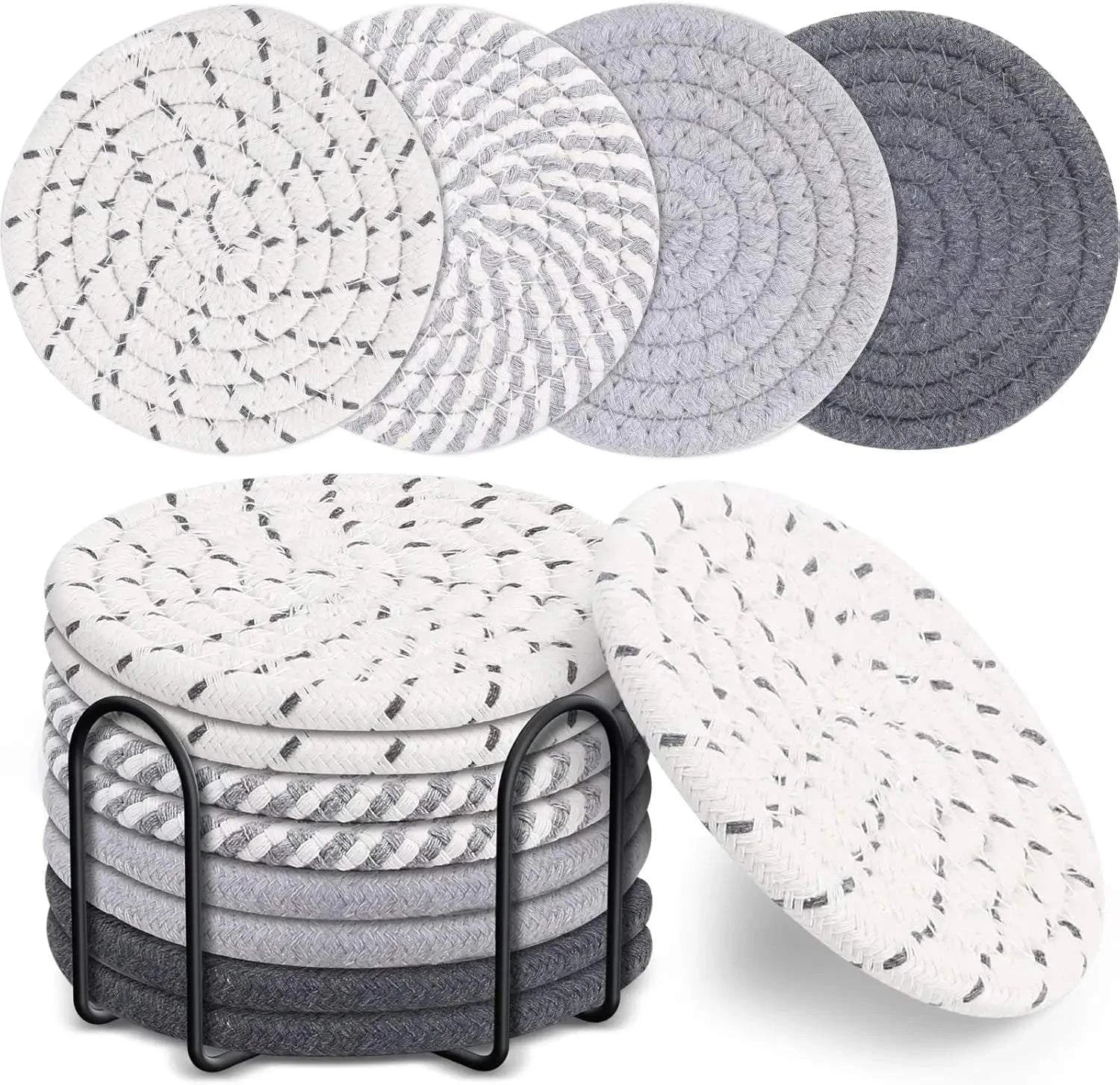 ensemble de 8 sous-verres absorbants en tissus gris et blancs avec support noir élégant