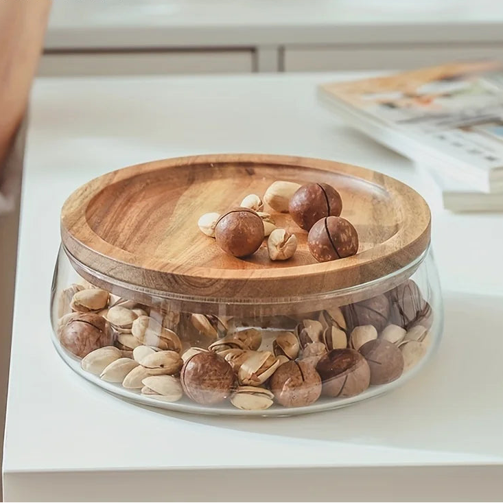 Récipient en verre avec couvercle en bois