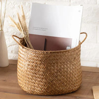 Panier de rangement tressé en style japonais en herbe marine avec poignées, pour organisation décorative et stockage polyvalent à la maison