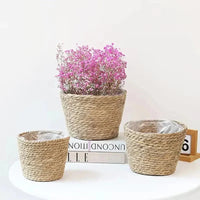 Pot de fleur en rotin tressé artisanal avec fleurs roses pour décoration intérieure naturelle et élégante