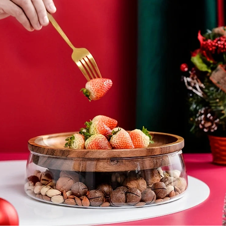 Récipient en verre avec couvercle en bois