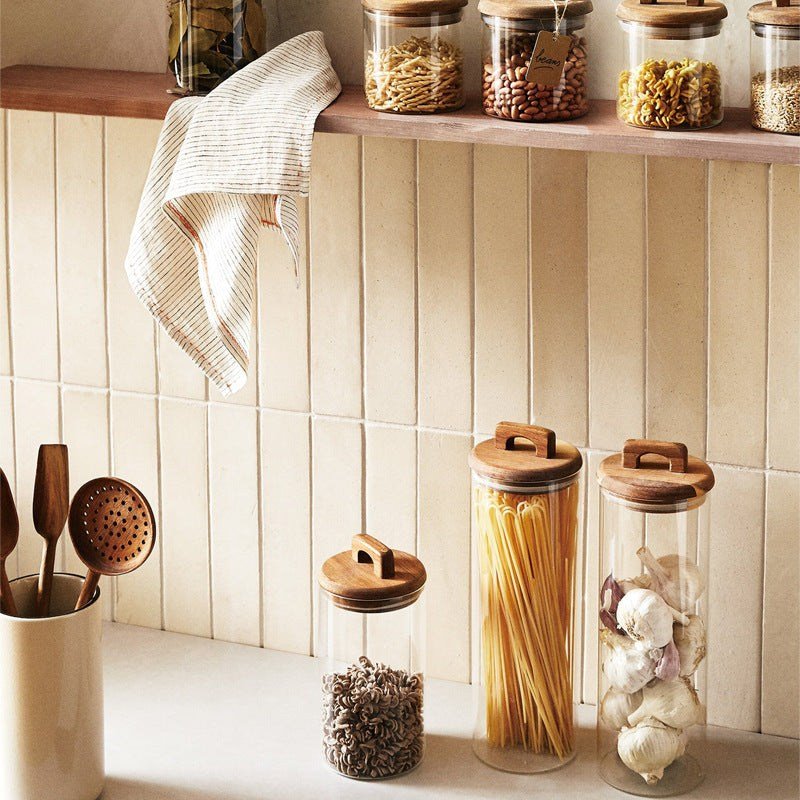 Kaindly - Bocal en verre : stockage pratique avec couvercle en bois et anse