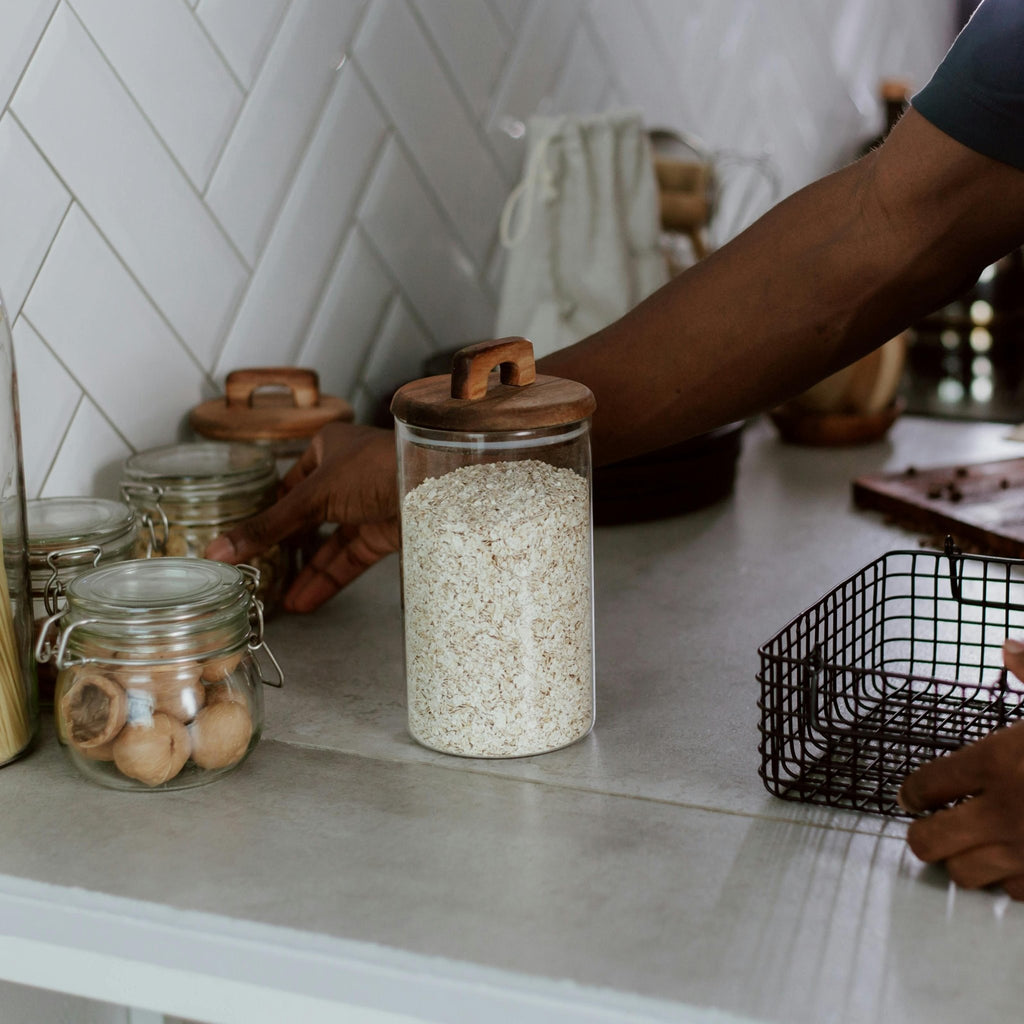 Kaindly - Bocal en verre : stockage pratique avec couvercle en bois et anse