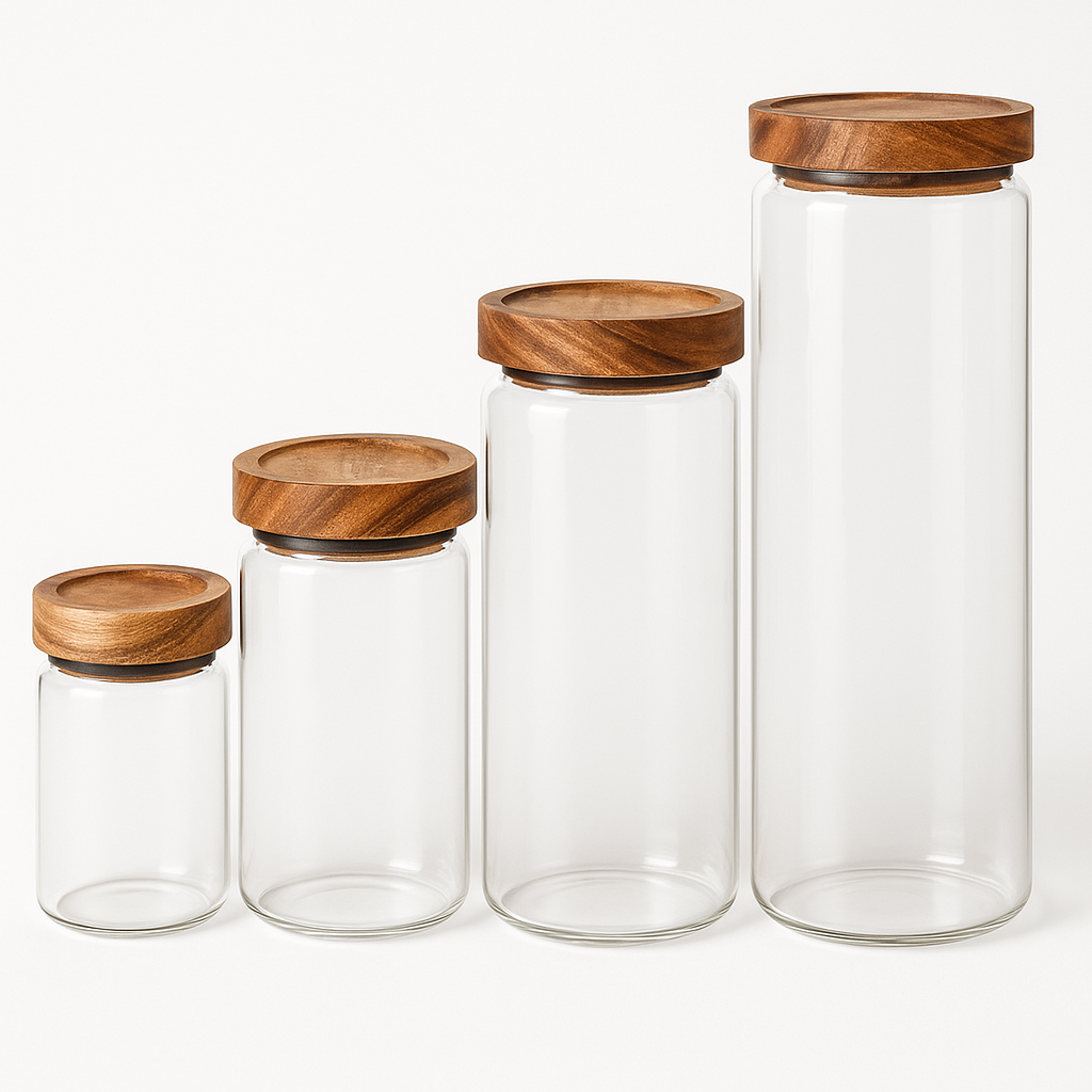 Bocaux en verre avec couvercle en bois